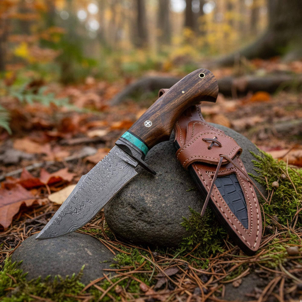 10' Handmade damascus steel knife with leather sheath