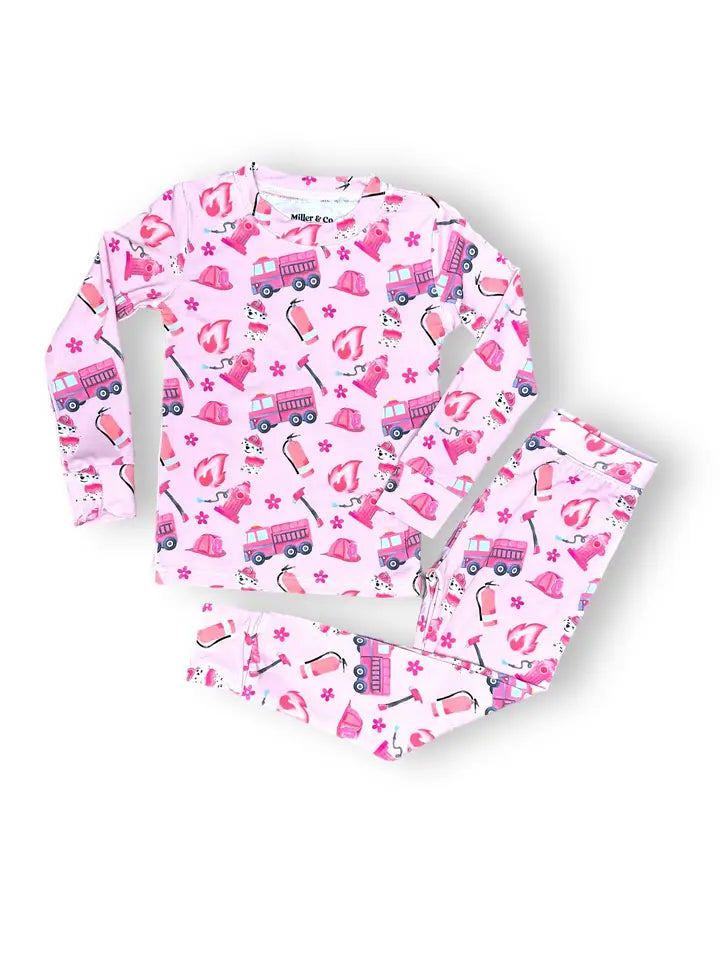 2-Piece Pink Firefighter PJ Long Pants and Long Sleeve Set