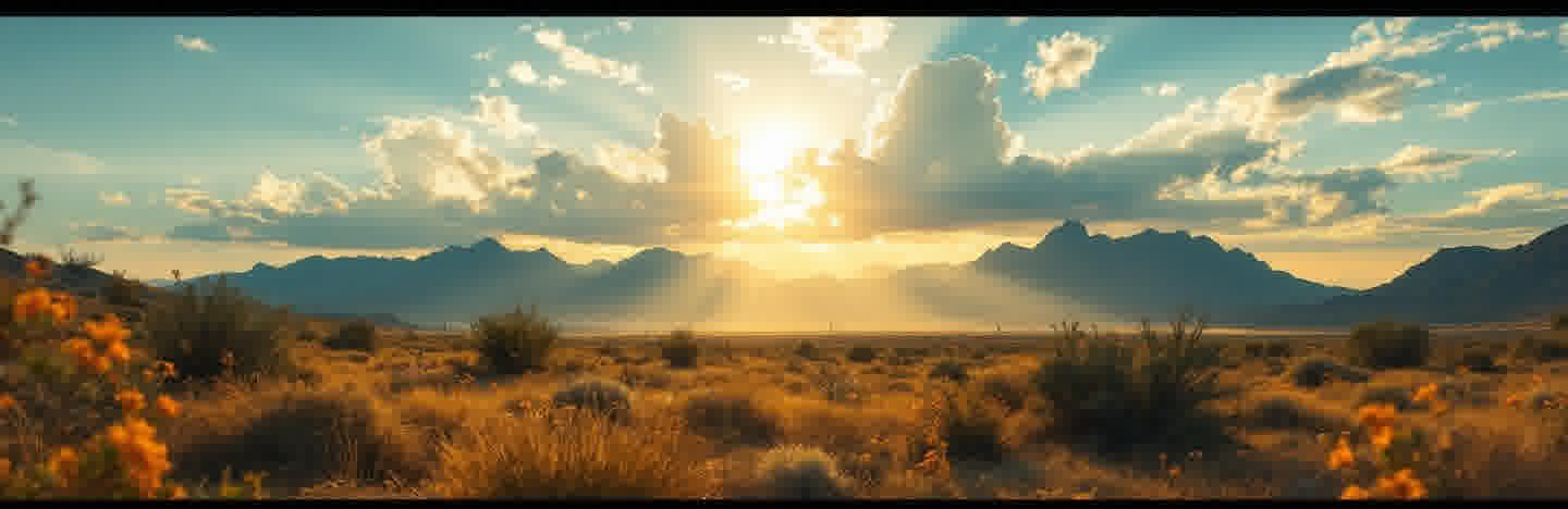Golden sunrise over Arizona desert mountains with wildflowers